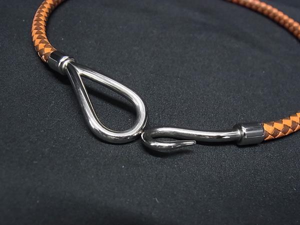 美品 HERMES エルメス チョーカー ジャンボ チョーカー - ブラウン系 オレンジ系 シルバー金具 レザー ユニセックス 2重 ブレスレット 編み込み