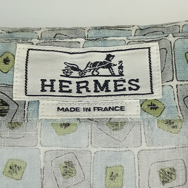 HERMES エルメス トップス 総柄 長袖 シャツ - グレー系 ブルー系 グリーン系 マルチカラー 麻100％ メンズ ロングスリーブ セリエボタン リネン 表記サイズ41/16