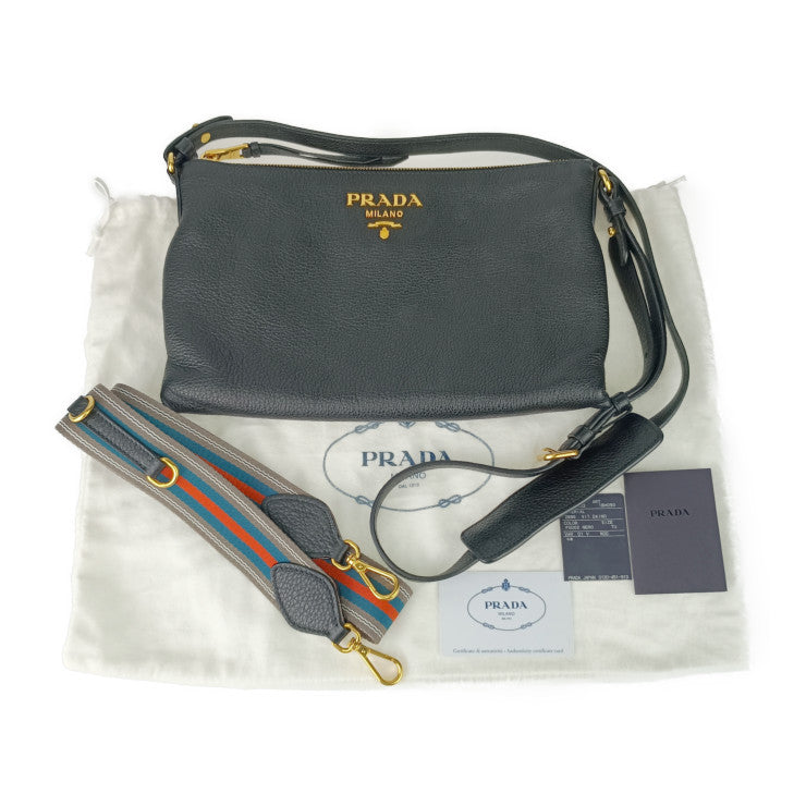 美品 PRADA プラダ ショルダーバッグ クロスボディバッグ 1BH050 ブラック ゴールド金具 VIT.DAINO レザー レディース 替えストラップ付き