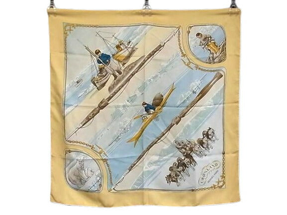 HERMES エルメス スカーフ カレ90 GRONLAND グリーンランド エスキモー 犬ぞり - ベージュ系 マルチカラー シルク100% レディース