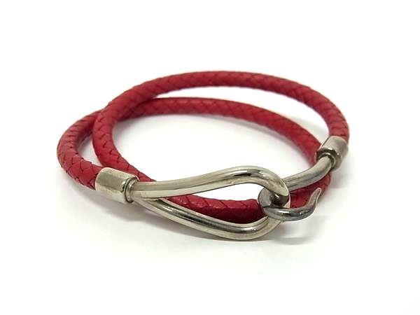 美品 HERMES エルメス チョーカー ジャンボ チョーカー - レッド系 シルバー金具 レザー ユニセックス 2重 ブレスレット 編み込み