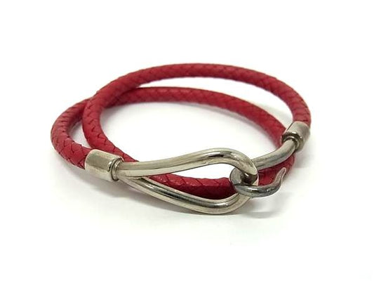 美品 HERMES エルメス チョーカー ジャンボ チョーカー - レッド系 シルバー金具 レザー ユニセックス 2重 ブレスレット 編み込み