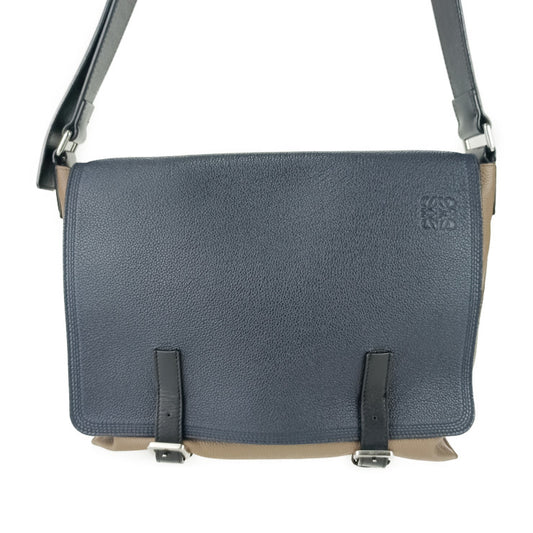 美品 LOEWE ロエベ メッセンジャーバッグ ミリタリー メッセンジャー - ネイビー ブラウン ブラック レザー ユニセックス シルバー金具