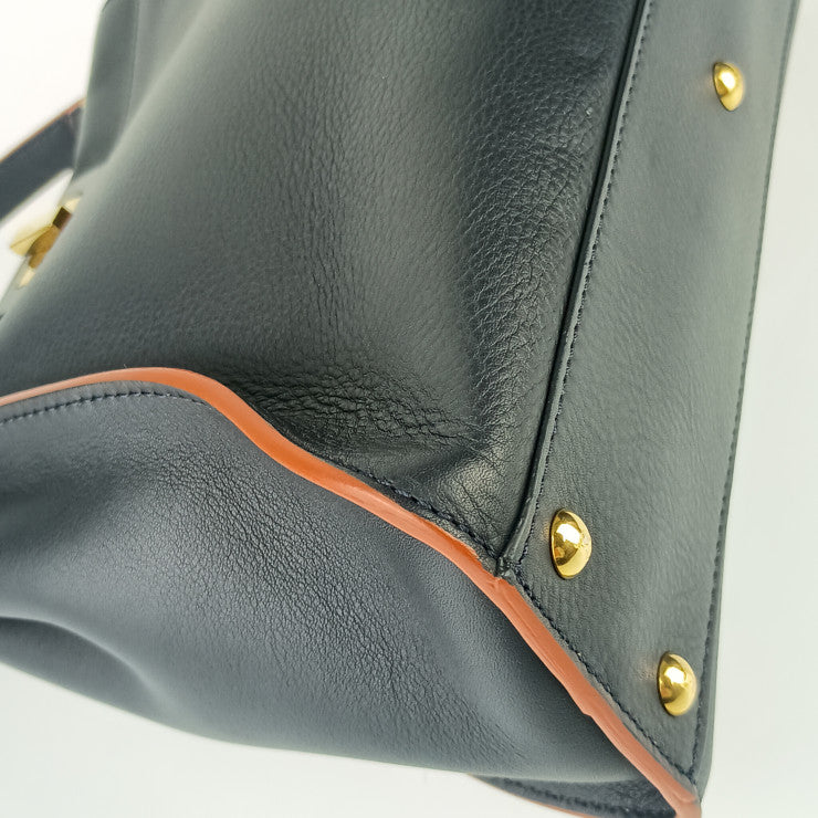 美品 FENDI フェンディ ハンドバッグ ピーカブーレギュラー セレリア 8BN290 ネイビー オレンジ レザー レディース ゴールド金具 2WAY