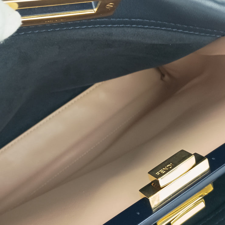 美品 FENDI フェンディ ハンドバッグ ピーカブーレギュラー セレリア 8BN290 ネイビー オレンジ レザー レディース ゴールド金具 2WAY