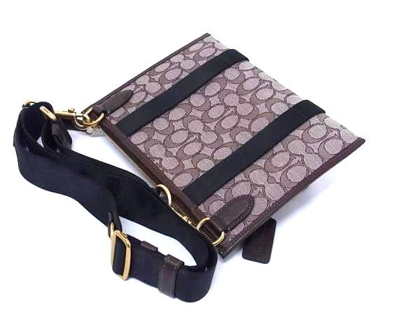 COACH コーチ ショルダーバッグ マルチファンクション クロスボディ ウィズ ディンキー C2613 ブラウン系 シグネチャージャカード レザー ユニセックス ゴールド金具 美品