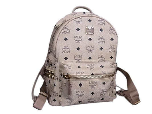 MCM エムシーエム リュックサック STARK サイドスタッズ バックパック MMK65VE37IG001 ベージュ系 ヴィセトス コーテッドキャンバス×レザー レディース ゴールド金具 美品
