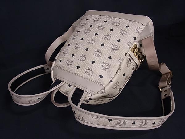 MCM エムシーエム リュックサック STARK サイドスタッズ バックパック MMK65VE37IG001 ベージュ系 ヴィセトス コーテッドキャンバス×レザー レディース ゴールド金具 美品