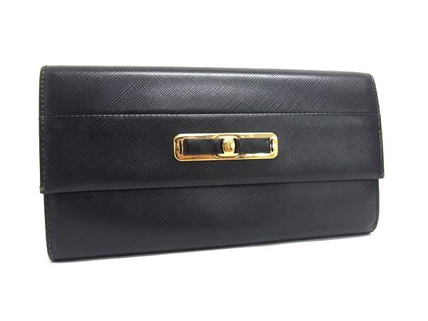 Salvatore Ferragamo フェラガモ 長財布 ヴァラ・リボン フラップウォレット 22 C127 ブラック系 レザー レディース ゴールド金具