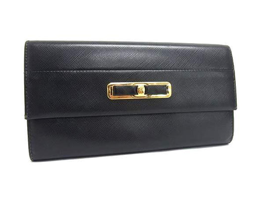 Salvatore Ferragamo フェラガモ 長財布 ヴァラ・リボン フラップウォレット 22 C127 ブラック系 レザー レディース ゴールド金具