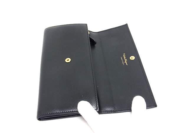 Salvatore Ferragamo フェラガモ 長財布 ヴァラ・リボン フラップウォレット 22 C127 ブラック系 レザー レディース ゴールド金具