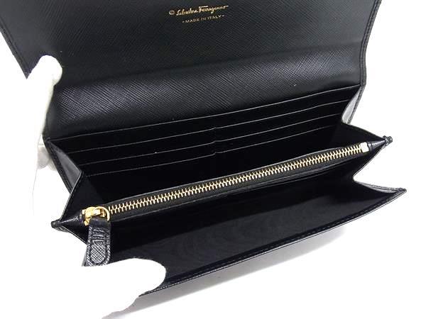 Salvatore Ferragamo フェラガモ 長財布 ヴァラ・リボン フラップウォレット 22 C127 ブラック系 レザー レディース ゴールド金具