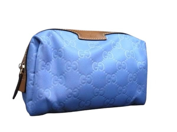 GUCCI グッチ ポーチ コスメポーチ 256636 ライトブルー系×ブラウン系 GGナイロン×レザー ユニセックス ゴールド金具 美品