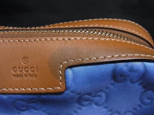 GUCCI グッチ ポーチ コスメポーチ 256636 ライトブルー系×ブラウン系 GGナイロン×レザー ユニセックス ゴールド金具 美品
