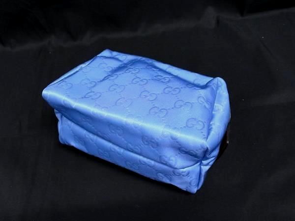 GUCCI グッチ ポーチ コスメポーチ 256636 ライトブルー系×ブラウン系 GGナイロン×レザー ユニセックス ゴールド金具 美品