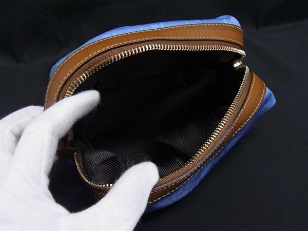 GUCCI グッチ ポーチ コスメポーチ 256636 ライトブルー系×ブラウン系 GGナイロン×レザー ユニセックス ゴールド金具 美品