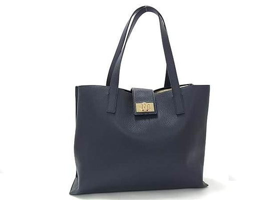 FURLA フルラ トートバッグ 1927 L TOTE 36 WB01099 ネイビー系 レザー レディース ショルダーバッグ ゴールド金具 美品