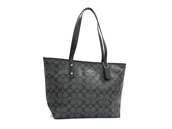 COACH コーチ トートバッグ シグネチャー シティ ジップ トップ トート F58292 ブラック系 PVC×レザー レディース ショルダーバッグ シルバー金具 美品