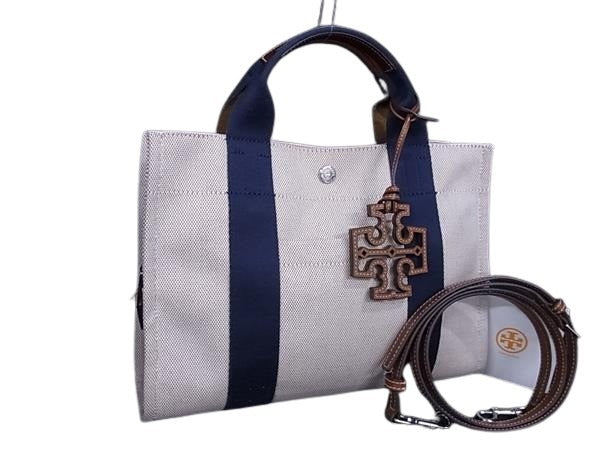 TORY BURCH トリーバーチ ハンドバッグ トリー ツイル スモール トート 135043 ナチュラル×ネイビー系 キャンバス レディース 2WAY ショルダーバッグ ゴールド金具 美品
