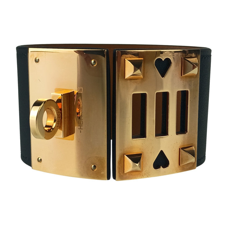 HERMES エルメス ブレスレット アス・ドゥ・クール ブラック レザー レディース ピンクゴールド金具 美品