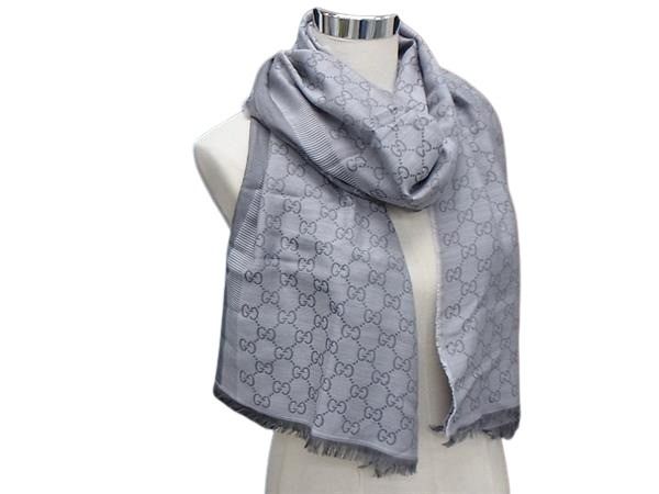GUCCI グッチ ストール GG柄 グレー ウール80%×シルク20％ レディース 大判 美品