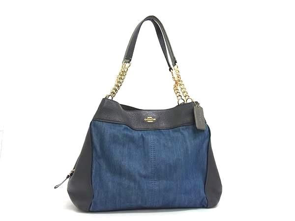 美品 COACH コーチ ハンドバッグ - F25884 ブルー ネイビー デニム×レザー レディース チェーン ゴールド金具