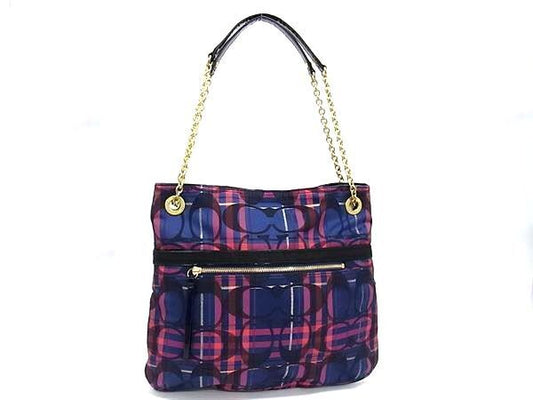 COACH コーチ ショルダーバッグ シグネチャー 21136 マルチカラー キャンバス レディース チェック柄 チェーン 美品