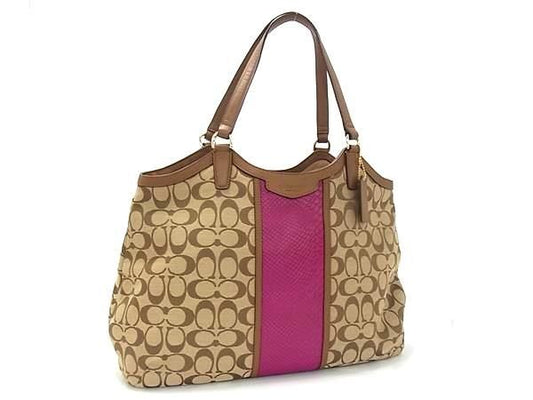 COACH コーチ トートバッグ シグネチャー F31444 ブラウン ピンク キャンバス×パイソン型押しレザー レディース 超美品