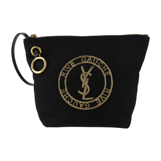超美品 SAINT LAURENT PARIS サンローランパリ エンブロイダリー ポーチ リヴゴーシュ セカンドバッグ 710435 ウール90%×カーフスキンレザー5%×ブラス 5% ブラック ゴールド YSL ロゴ クラッチバッグ リストレット