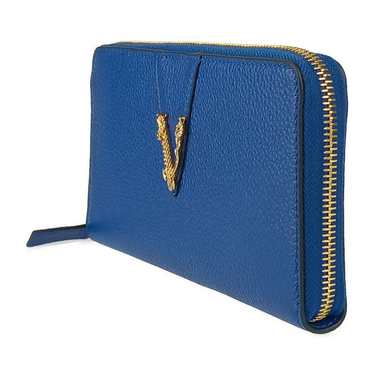 新品未使用展示品 VERSACE ヴェルサーチェ 財布 ヴィルトゥス ラウンドファスナー 長財布 1006263 ブルー ゴールド金具 レザー レディース ヴェルサーチ レターV
