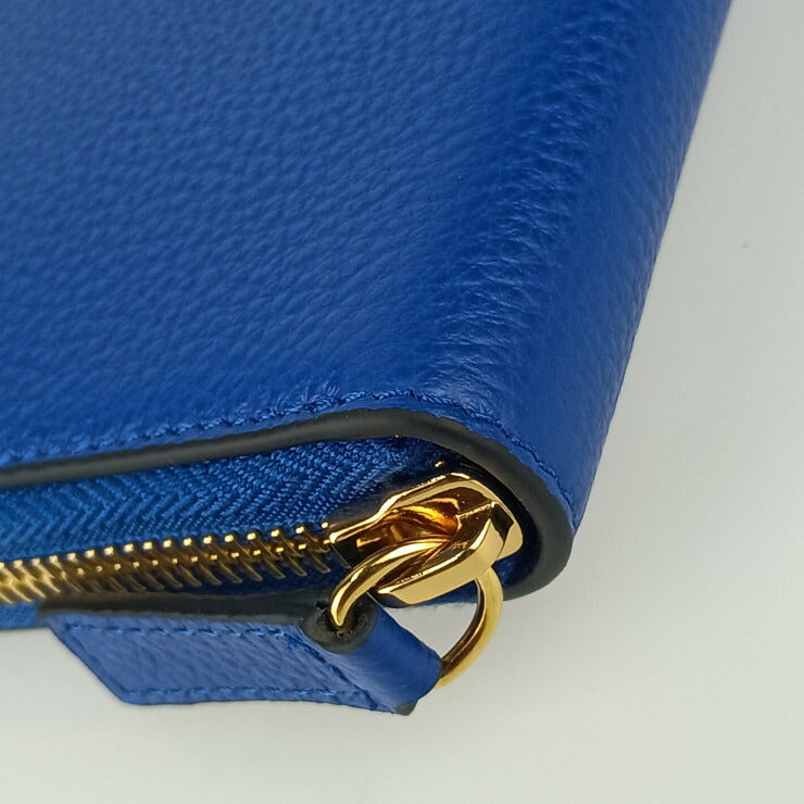 新品未使用展示品 VERSACE ヴェルサーチェ 財布 ヴィルトゥス ラウンドファスナー 長財布 1006263 ブルー ゴールド金具 レザー レディース ヴェルサーチ レターV
