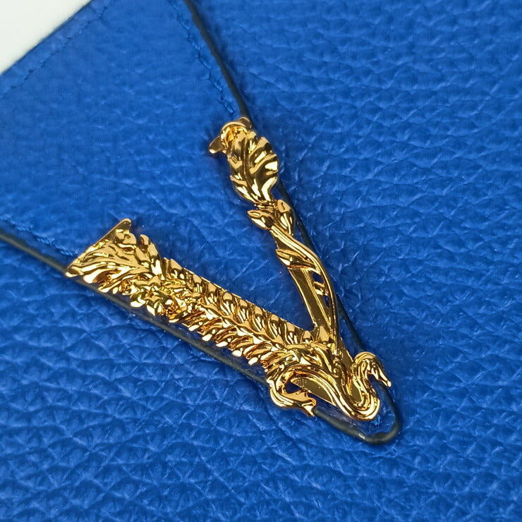 新品未使用展示品 VERSACE ヴェルサーチェ 財布 ヴィルトゥス ラウンドファスナー 長財布 1006263 ブルー ゴールド金具 レザー レディース ヴェルサーチ レターV