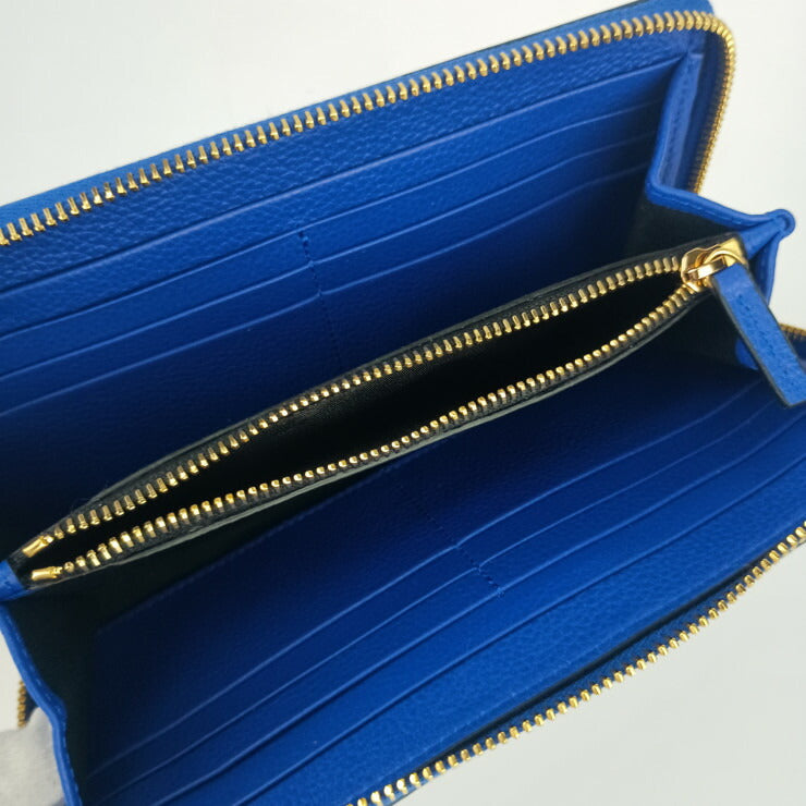 新品未使用展示品 VERSACE ヴェルサーチェ 財布 ヴィルトゥス ラウンドファスナー 長財布 1006263 ブルー ゴールド金具 レザー レディース ヴェルサーチ レターV