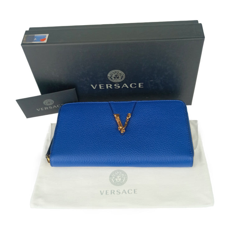 新品未使用展示品 VERSACE ヴェルサーチェ 財布 ヴィルトゥス ラウンドファスナー 長財布 1006263 ブルー ゴールド金具 レザー レディース ヴェルサーチ レターV