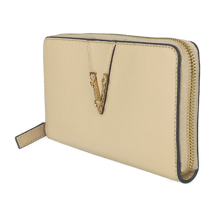 新品未使用展示品 VERSACE ヴェルサーチェ 財布 ヴィルトゥス ラウンドファスナー 長財布 1006263 ベージュ ゴールド金具 レザー レディース ヴェルサーチ レターV
