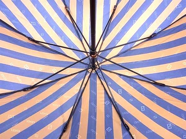 FENDI フェンディ 長傘 ズッカ - ネイビー×ブラウン レディース 雨傘 ストライプ ゴールド金具