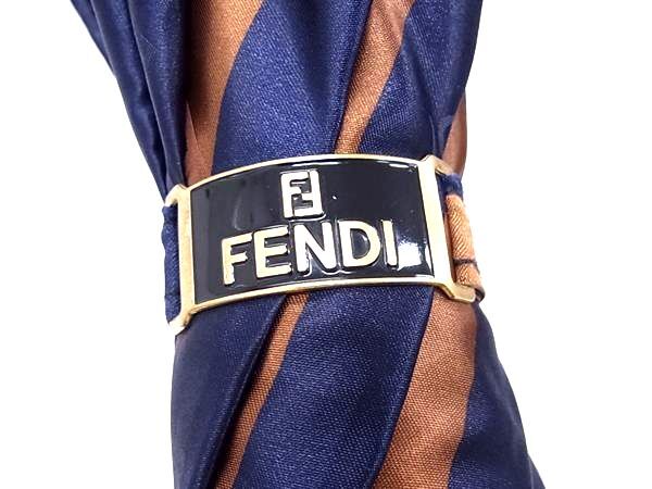 FENDI フェンディ 長傘 ズッカ - ネイビー×ブラウン レディース 雨傘 ストライプ ゴールド金具