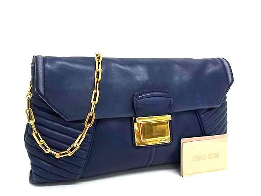 miumiu ミュウミュウ クラッチバッグ ナッパ バイカー RP383B ブルー系 レザー レディース 2WAY ショルダーバッグ チェーン ゴールド金具