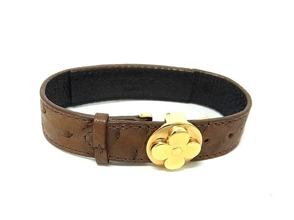 LOUIS VUITTON ルイヴィトン ブレスレット グッドラック ブレス M64441 ブラウン オーストリッチ ユニセックス ゴールド金具 美品