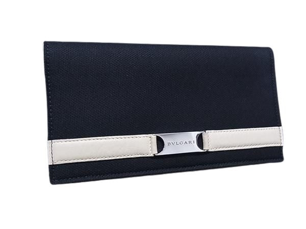 BVLGARI ブルガリ 二つ折り財布 長財布 - ブラック系×アイボリー系 キャンバス×レザー メンズ ロゴプレート 札入れ シルバー金具 美品