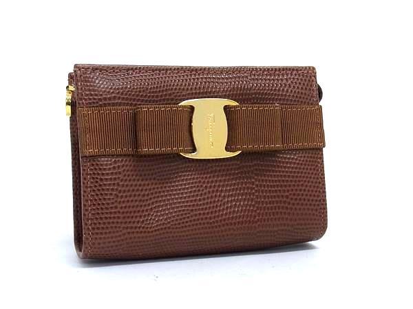 Salvatore Ferragamo フェラガモ 小物入れ ヴァラ リボン ポーチ 223057 ブラウン リザード型押しレザー レディース ゴールド金具 美品