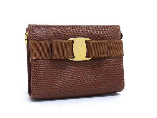 Salvatore Ferragamo フェラガモ 小物入れ ヴァラ リボン ポーチ 223057 ブラウン リザード型押しレザー レディース ゴールド金具 美品