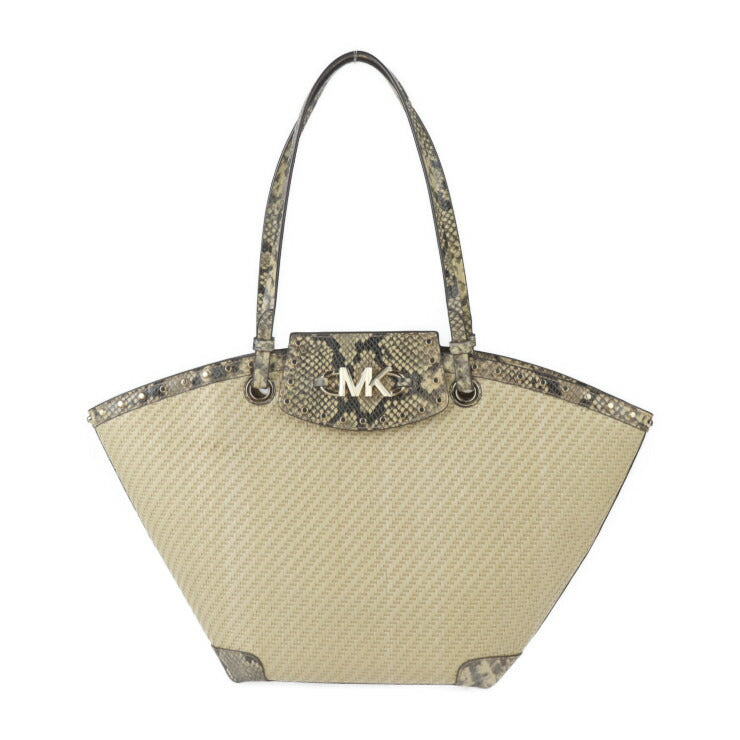 美品 Michael Kors マイケルコース Izzy Medium イジー ミディアム トートバッグ 30T1GZYT8W ストロー パイソン型押しレザー ナチュラル ゴールド金具 ショルダーバッグ