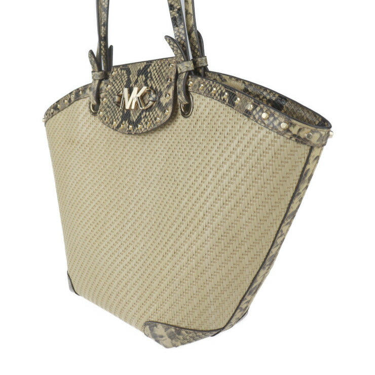 美品 Michael Kors マイケルコース Izzy Medium イジー ミディアム トートバッグ 30T1GZYT8W ストロー パイソン型押しレザー ナチュラル ゴールド金具 ショルダーバッグ