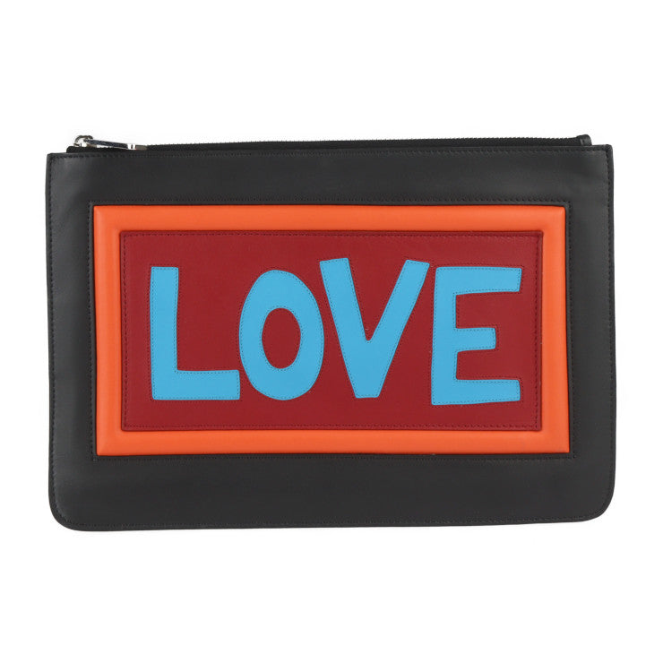 美品 FENDI フェンディ ポーチ セカンドバッグ 7N0078 レザー ブラック マルチカラー シルバー金具 クラッチバッグ LOVE ロゴ