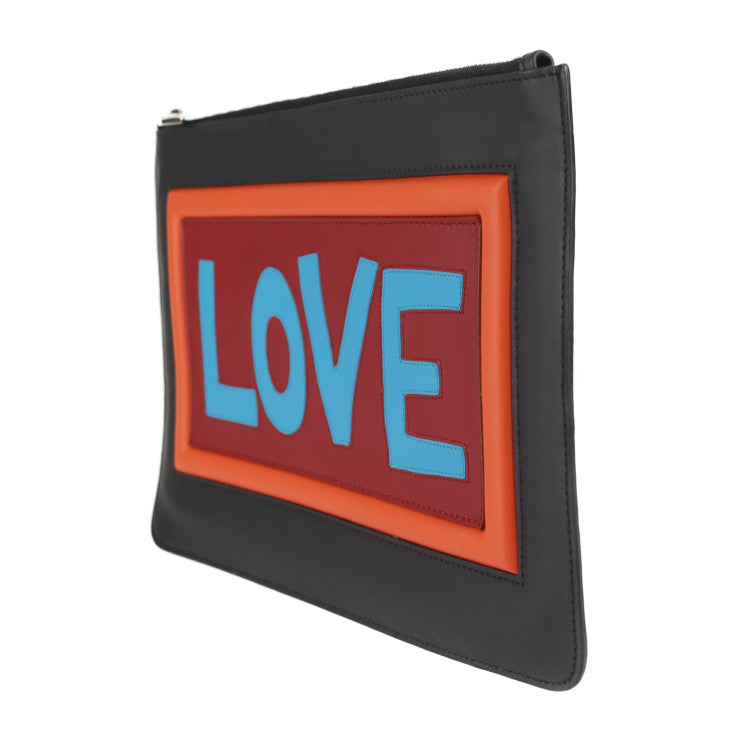 美品 FENDI フェンディ ポーチ セカンドバッグ 7N0078 レザー ブラック マルチカラー シルバー金具 クラッチバッグ LOVE ロゴ