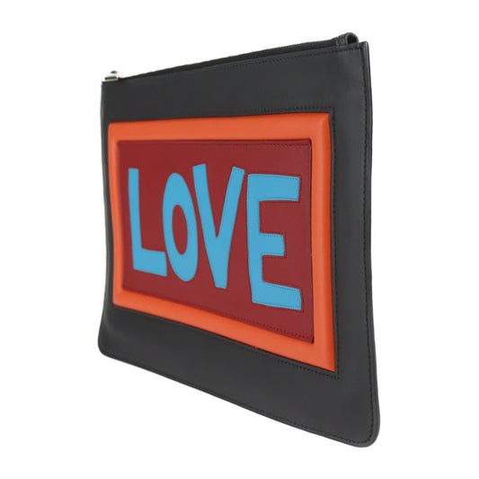美品 FENDI フェンディ ポーチ セカンドバッグ 7N0078 レザー ブラック マルチカラー シルバー金具 クラッチバッグ LOVE ロゴ