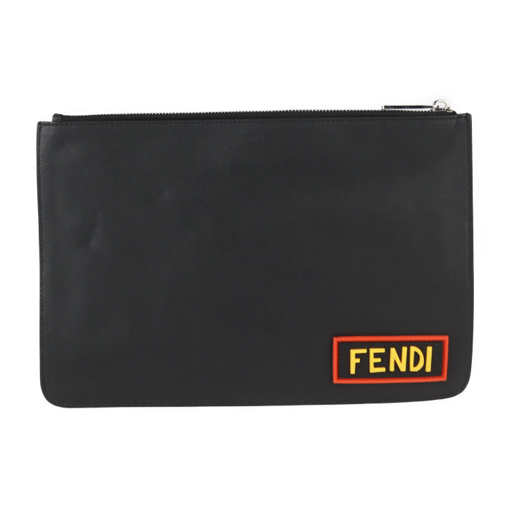 美品 FENDI フェンディ ポーチ セカンドバッグ 7N0078 レザー ブラック マルチカラー シルバー金具 クラッチバッグ LOVE ロゴ