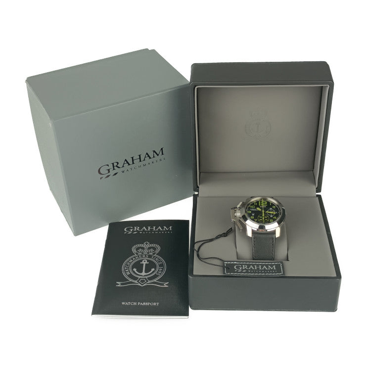 新品未使用展示品 GRAHAM グラハム 腕時計 クロノファイターオーバーサイズ 2CCAS.G01A シルバー ブラック オリーブグリーン系 ステンレス レザー メンズ 自動巻き 裏スケ デイト