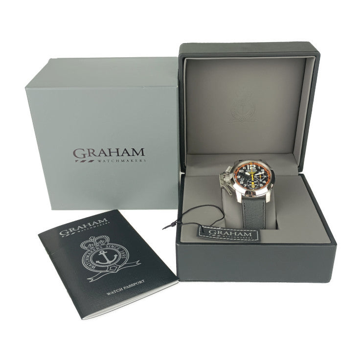 新古未使用展示品 GRAHAM グラハム 腕時計 クロノファイター オーバーサイズ 2CCAS.O01A シルバー ブラック ホワイト オレンジ系 イエロー系 ステンレス レザー メンズ 自動巻き 裏スケ デイト